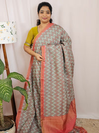 Premium Soft Tussar by Cotton with Digital Prints - Dark Grey wiyh Peach