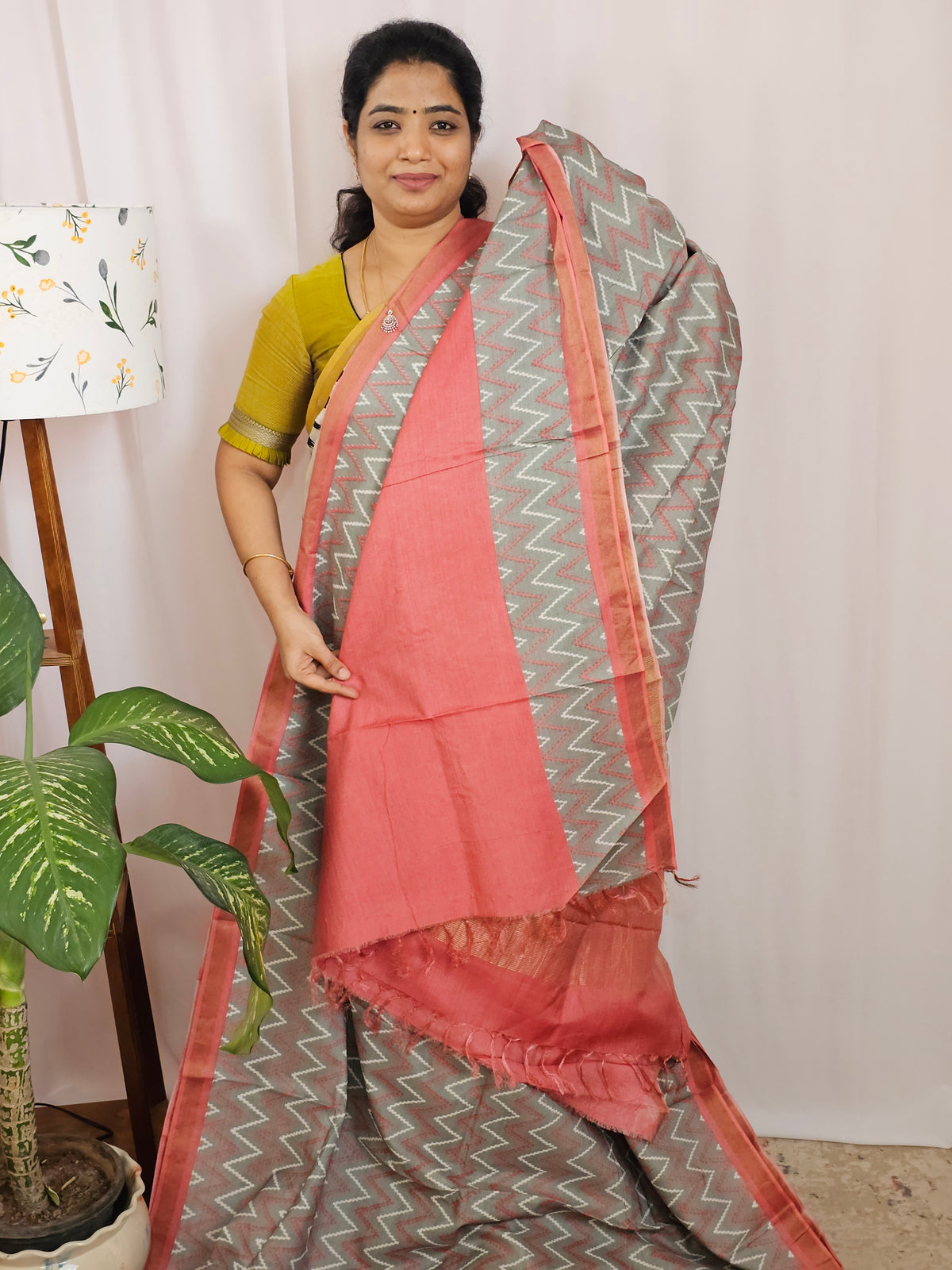 Premium Soft Tussar by Cotton with Digital Prints - Dark Grey wiyh Peach