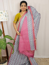 Premium Soft Tussar by Cotton with Digital Prints - Grey with Pink