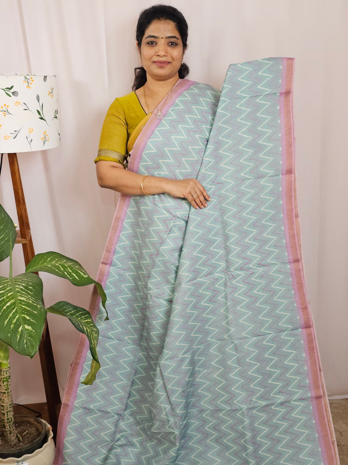 Premium Soft Tussar by Cotton with Digital Prints - Pastel Sea Green with Dusty Pink