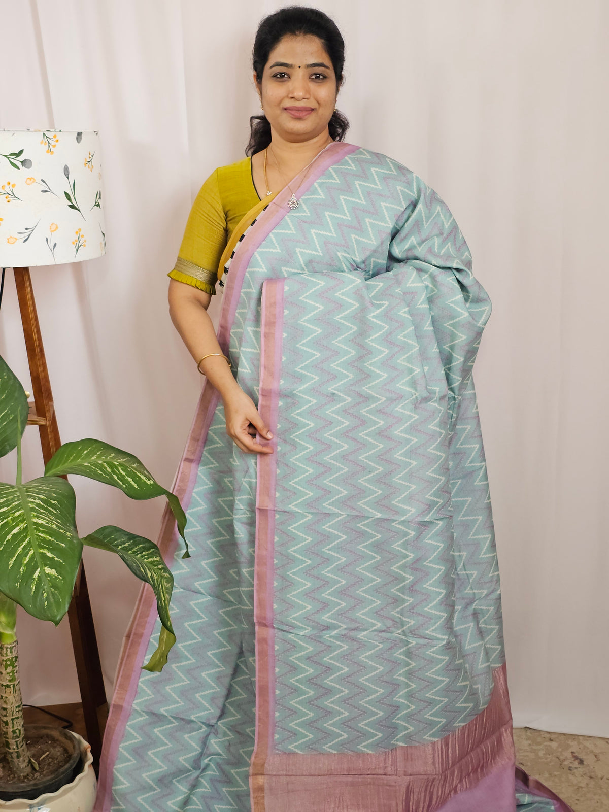 Premium Soft Tussar by Cotton with Digital Prints - Pastel Sea Green with Dusty Pink