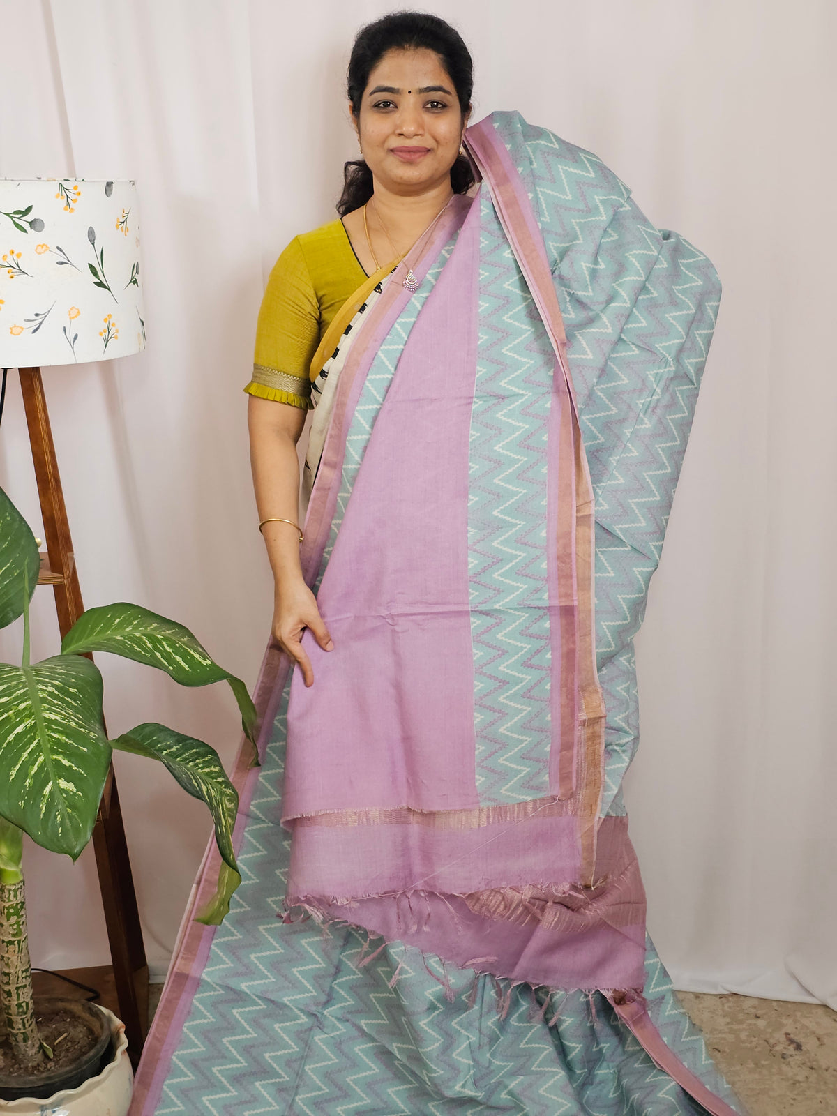 Premium Soft Tussar by Cotton with Digital Prints - Pastel Sea Green with Dusty Pink