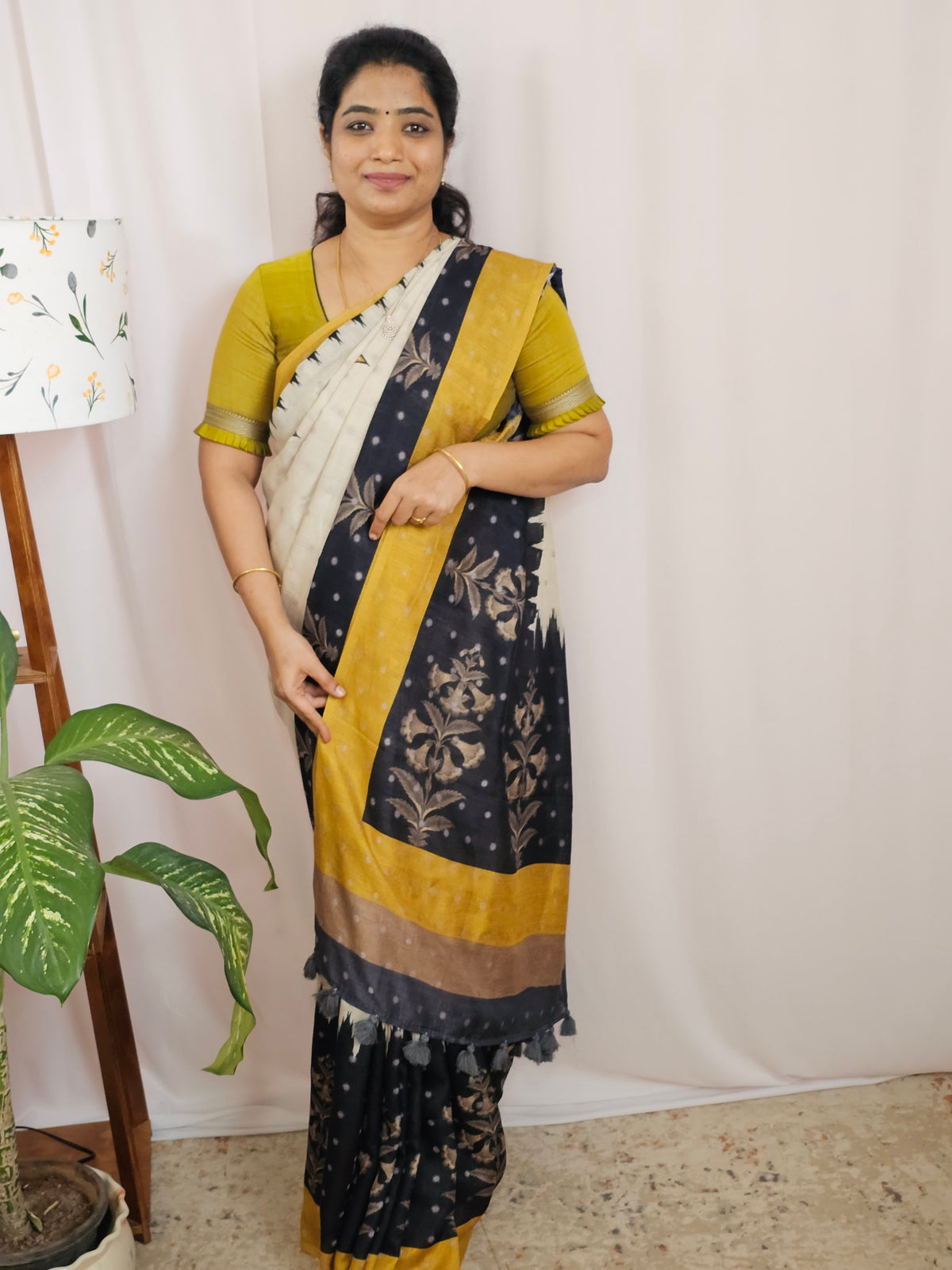 Soft Feather Lite Tussar Saree - Cream cum Black with Mustard Yellow