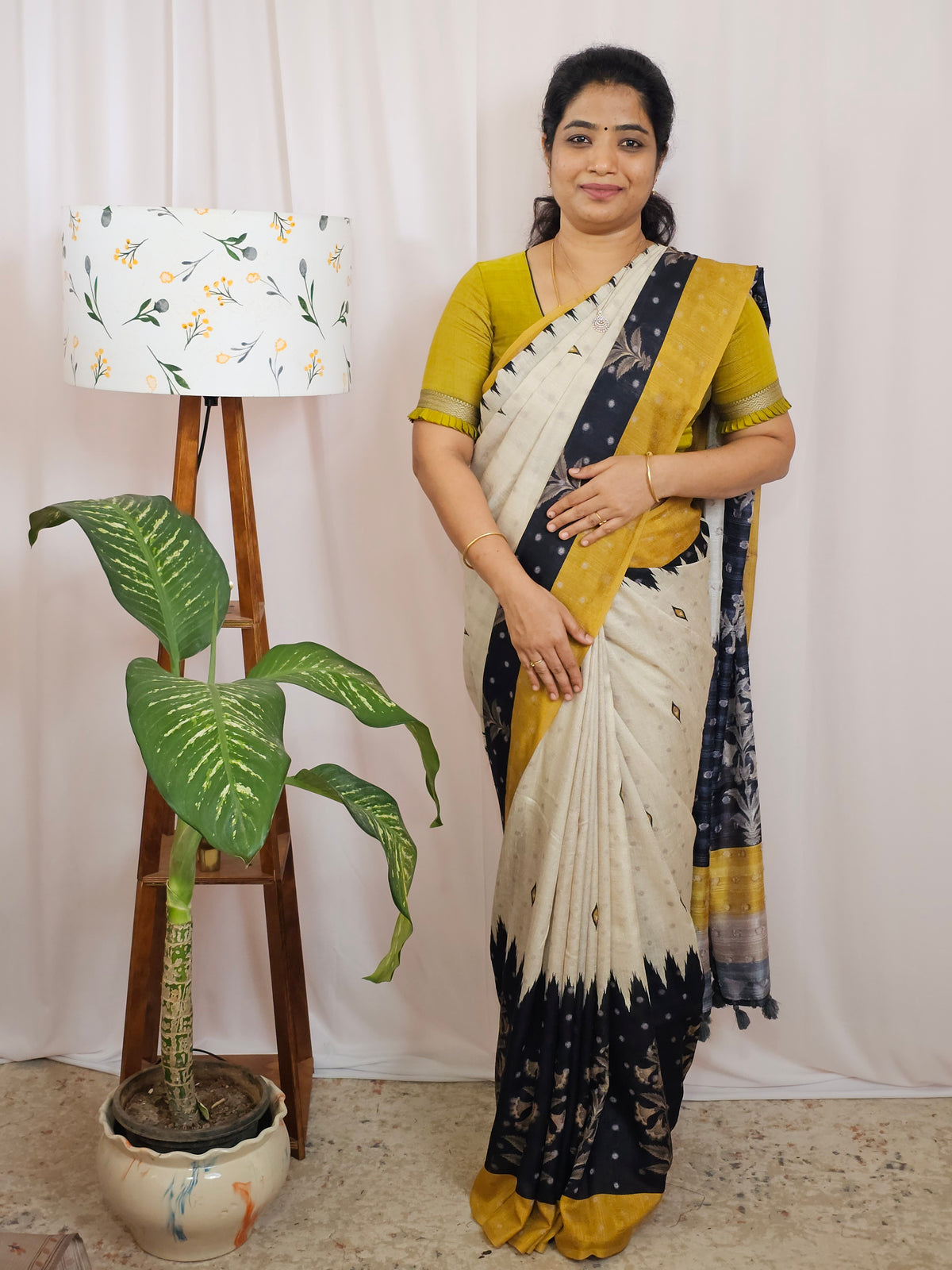 Soft Feather Lite Tussar Saree - Cream cum Black with Mustard Yellow