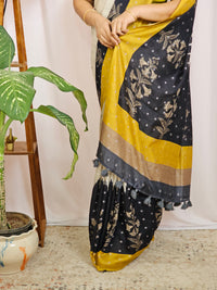 Soft Feather Lite Tussar Saree - Cream cum Black with Mustard Yellow