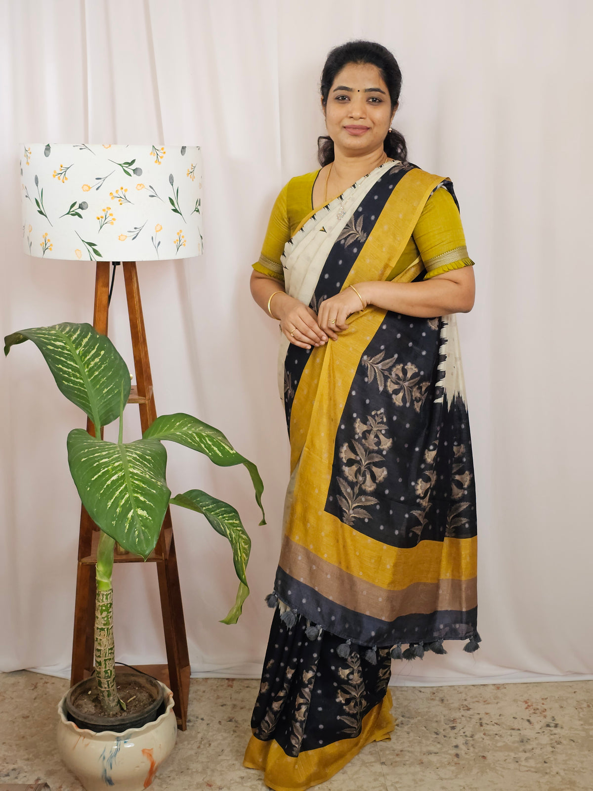 Soft Feather Lite Tussar Saree - Cream cum Black with Mustard Yellow