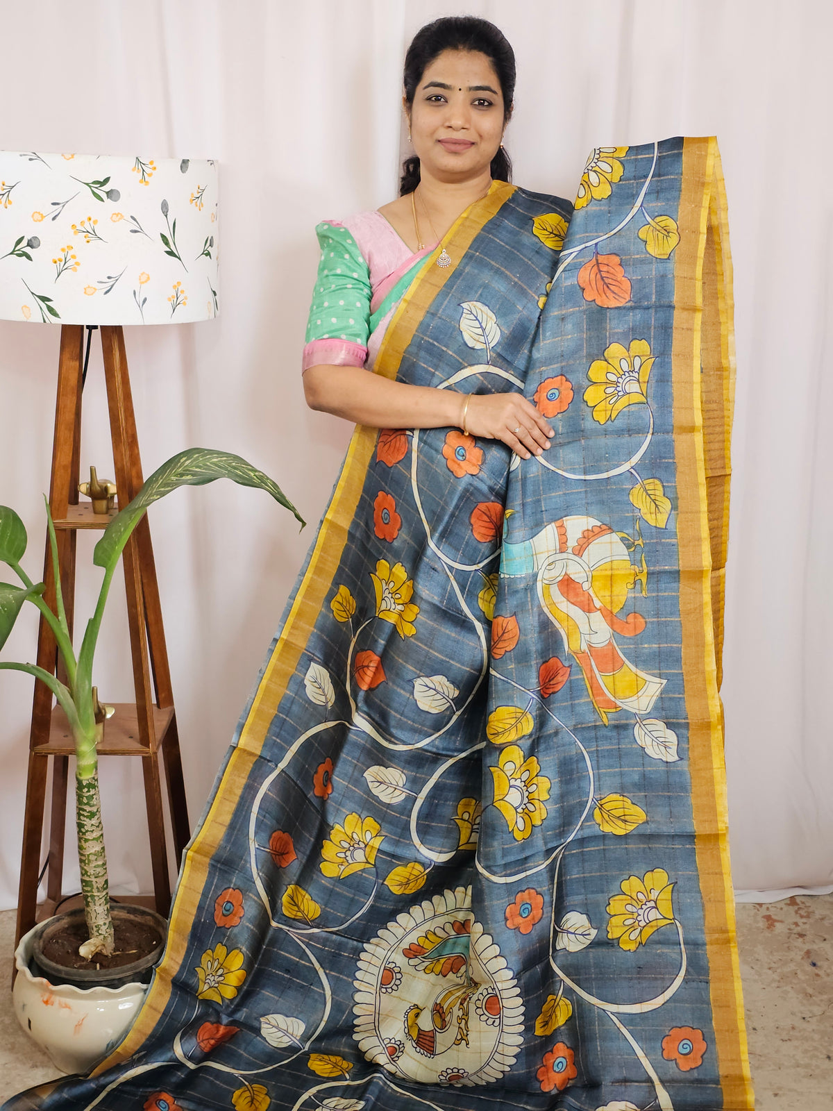 Pure Tussar Silk with Hand Paint - Grey with Mustard Yellow