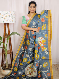 Pure Tussar Silk with Hand Paint - Grey with Mustard Yellow