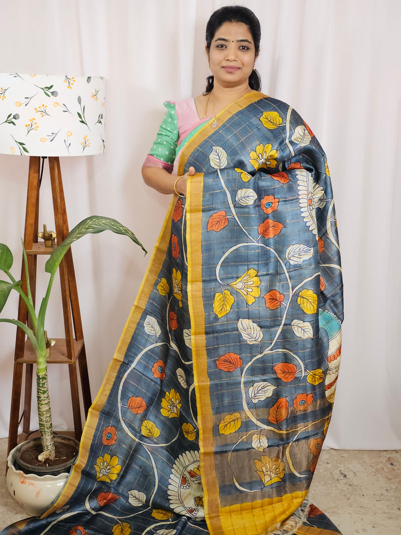 Pure Tussar Silk with Hand Paint - Grey with Mustard Yellow