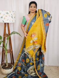 Pure Tussar Silk with Hand Paint - Grey with Mustard Yellow