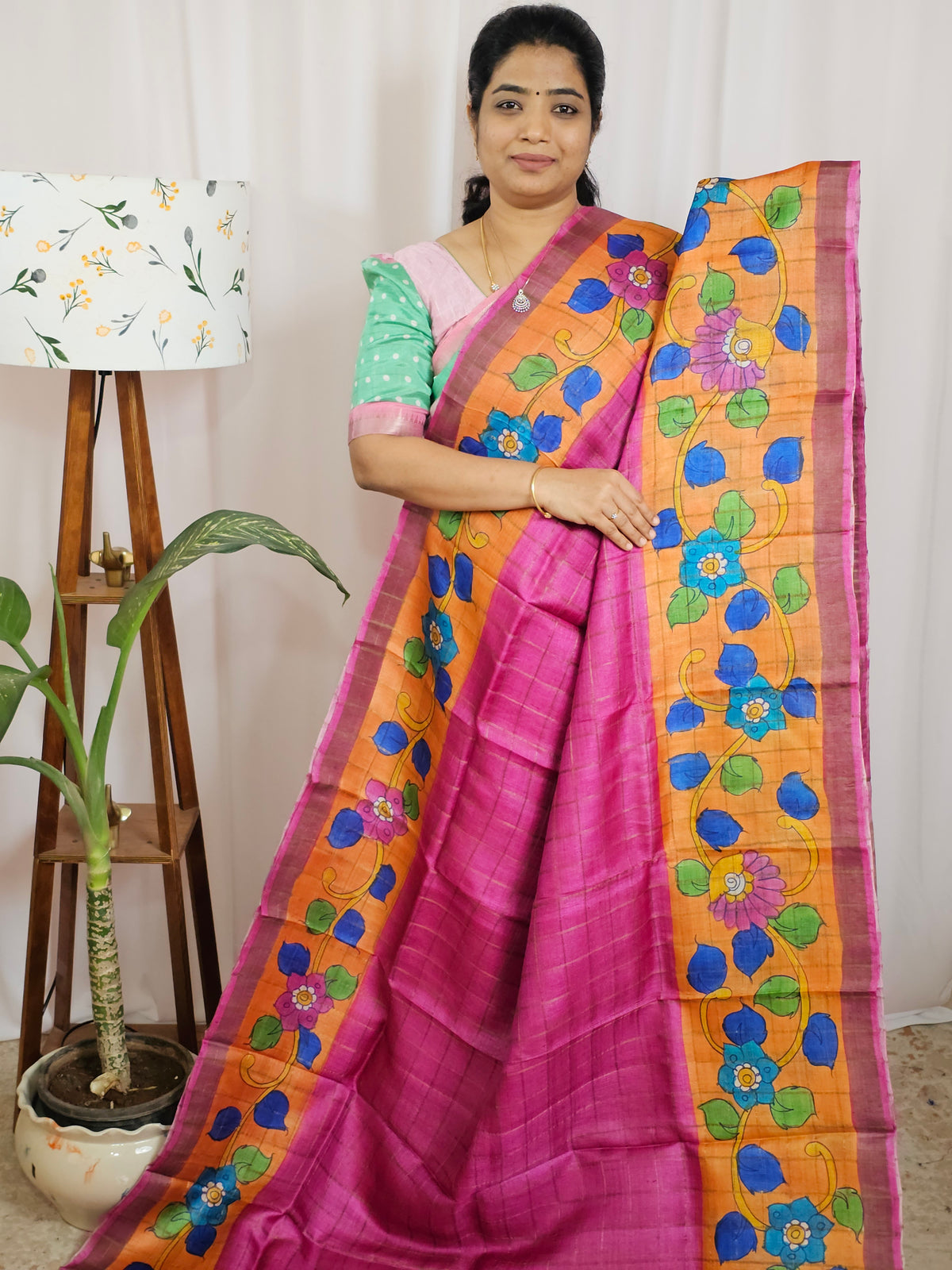 Pure Tussar Silk with Hand Paint - Magenta Pink with Orange