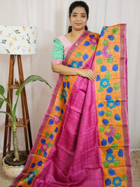 Pure Tussar Silk with Hand Paint - Magenta Pink with Orange