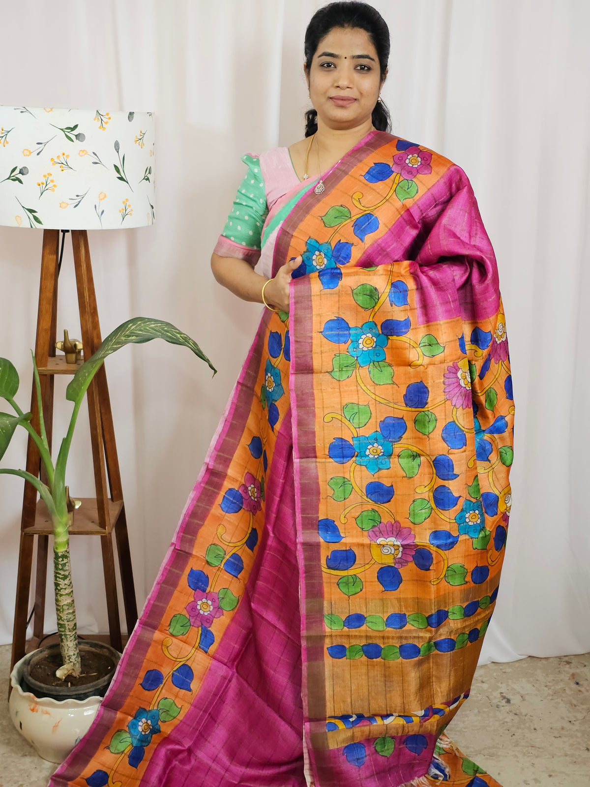 Pure Tussar Silk with Hand Paint - Magenta Pink with Orange