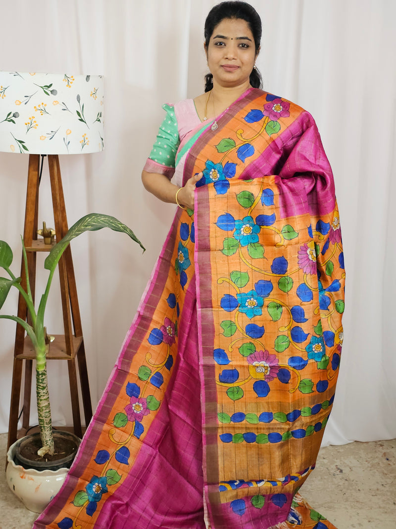 Pure Tussar Silk with Hand Paint - Magenta Pink with Orange