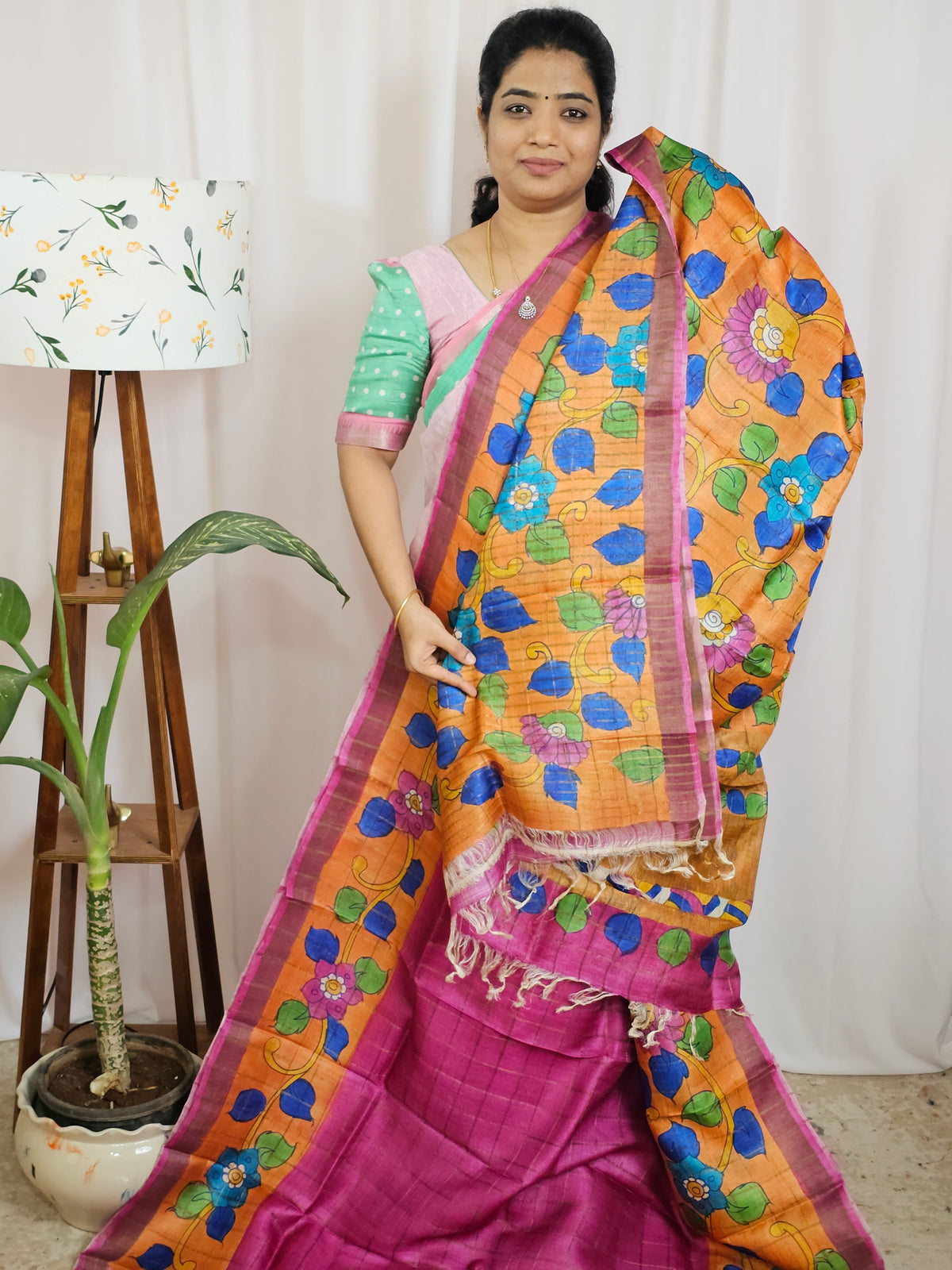 Pure Tussar Silk with Hand Paint - Magenta Pink with Orange