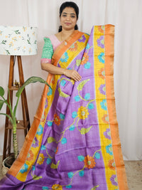 Pure Tussar Silk with Hand Paint - Lavender with Orange