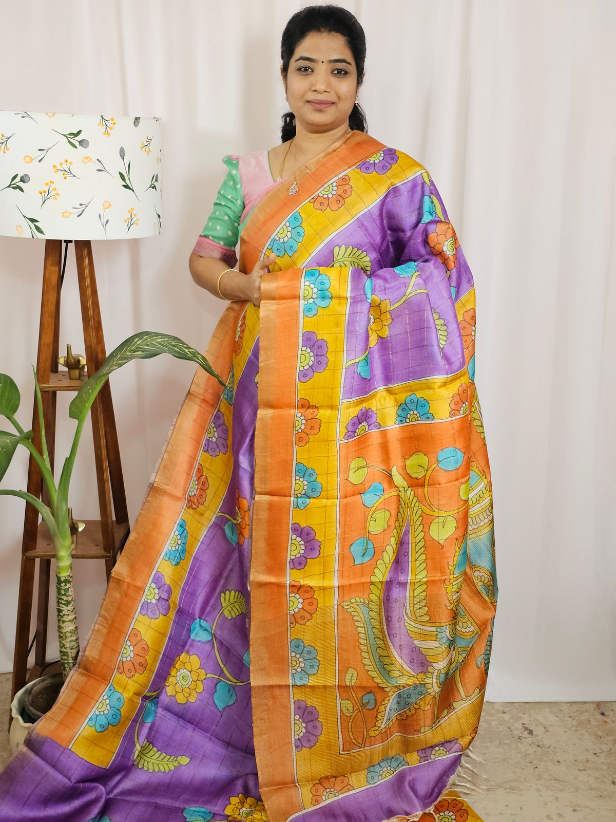 Pure Tussar Silk with Hand Paint - Lavender with Orange