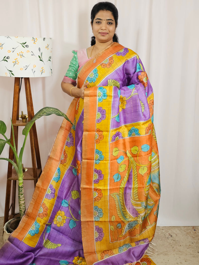 Pure Tussar Silk with Hand Paint - Lavender with Orange