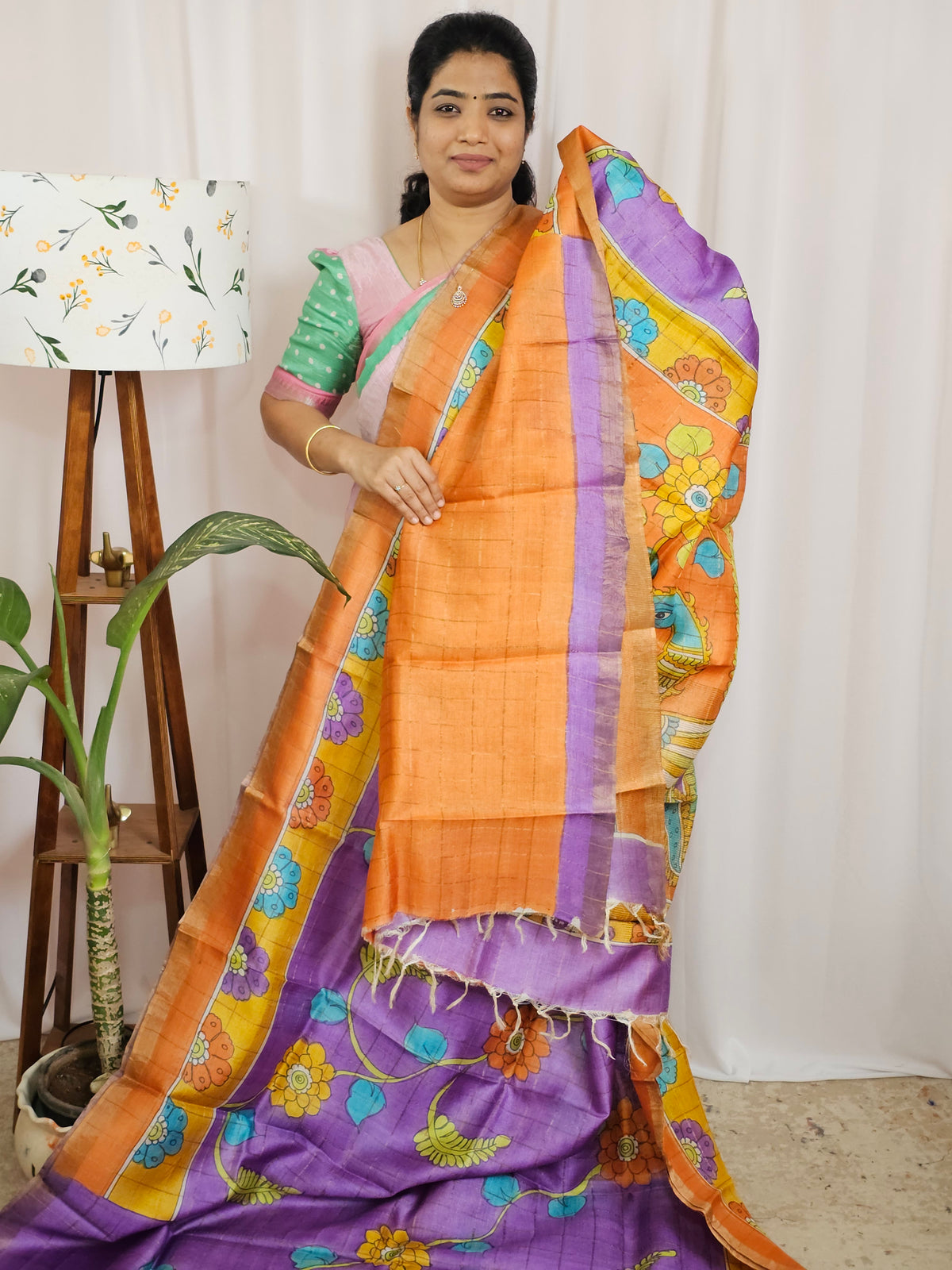 Pure Tussar Silk with Hand Paint - Lavender with Orange