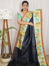 Pure Tussar Silk with Hand Paint - Black with Brown