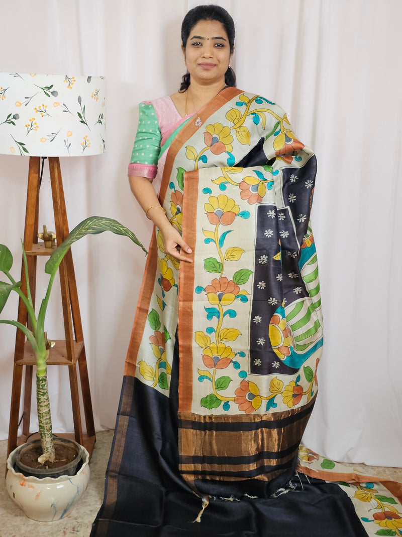 Pure Tussar Silk with Hand Paint - Black with Brown