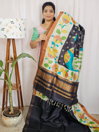 Pure Tussar Silk with Hand Paint - Black with Brown