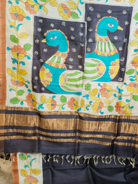 Pure Tussar Silk with Hand Paint - Black with Brown