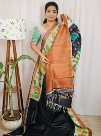 Pure Tussar Silk with Hand Paint - Black with Brown