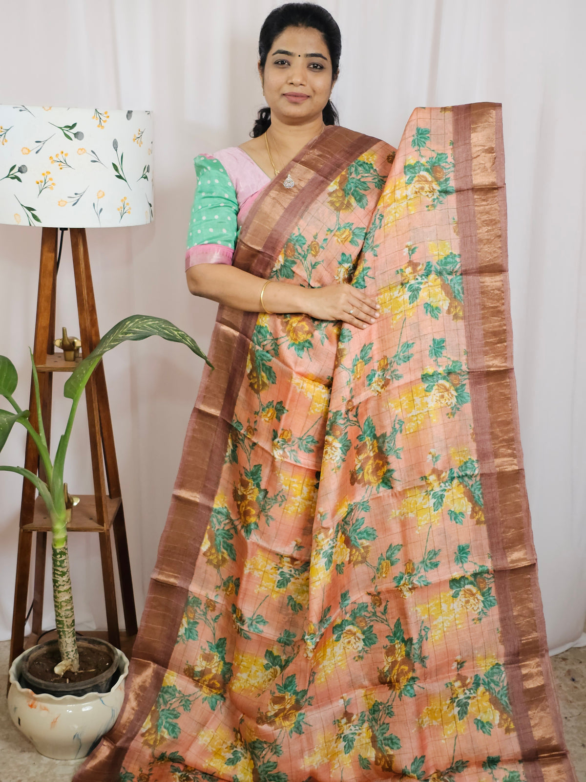 Pure Tussar Silk Saree with Kanchi Border - Peach with Brown