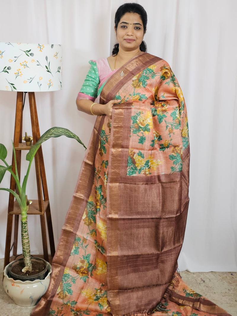 Pure Tussar Silk Saree with Kanchi Border - Peach with Brown
