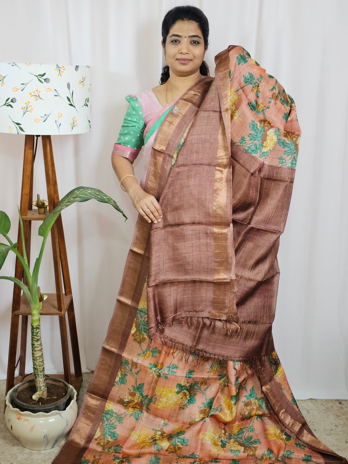 Pure Tussar Silk Saree with Kanchi Border - Peach with Brown
