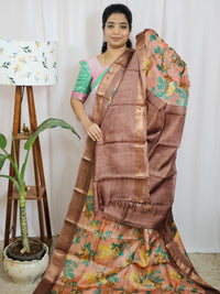 Pure Tussar Silk Saree with Kanchi Border - Peach with Brown