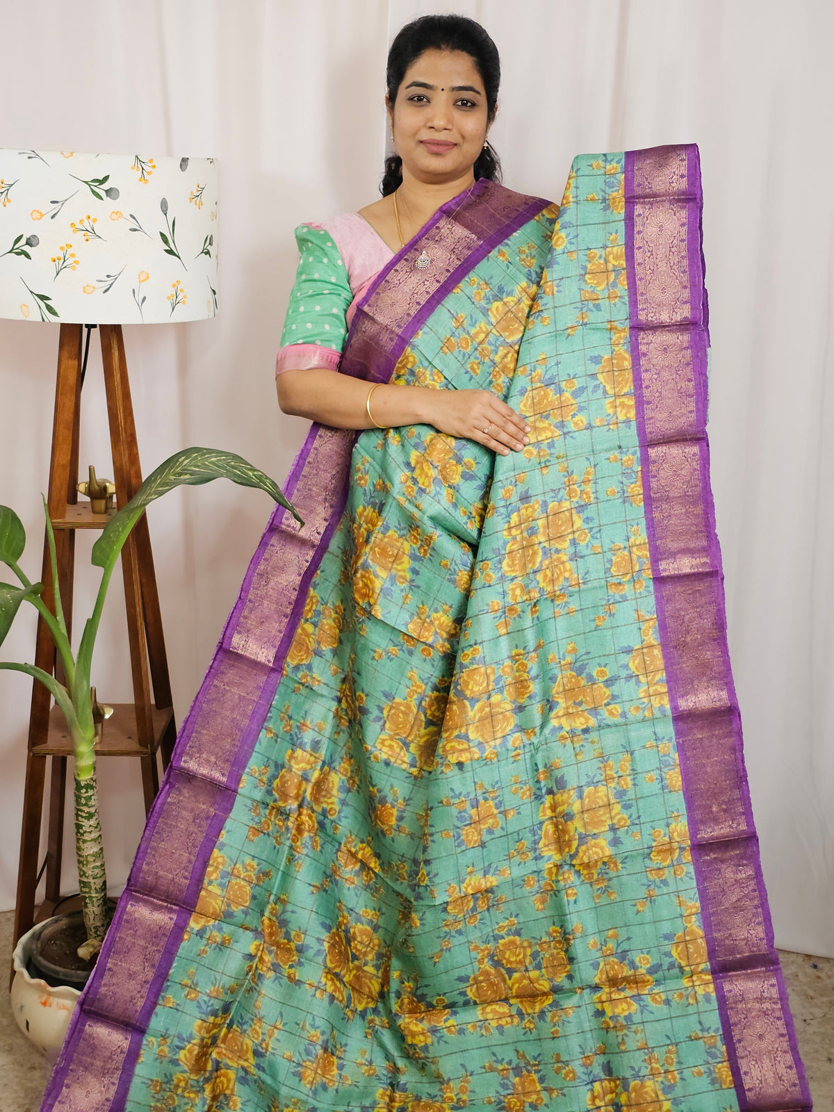 Pure Tussar Silk Checks Saree with Kanchi Border - Sea Green with Violet