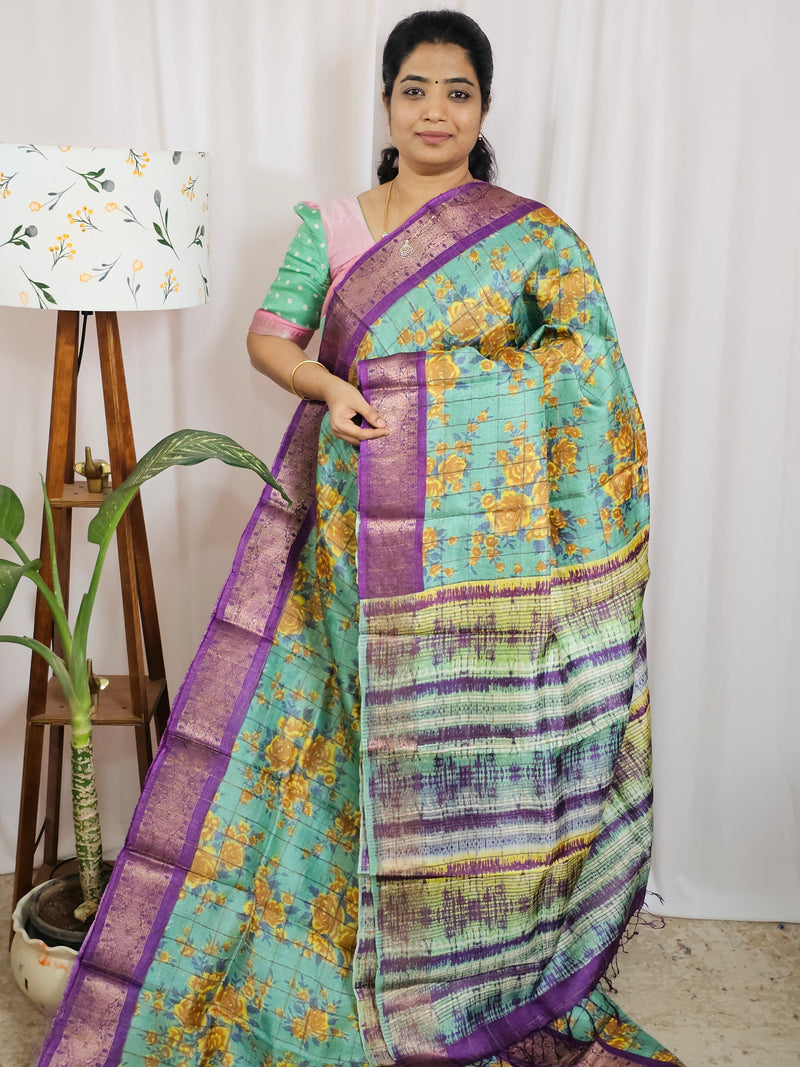 Pure Tussar Silk Checks Saree with Kanchi Border - Sea Green with Violet