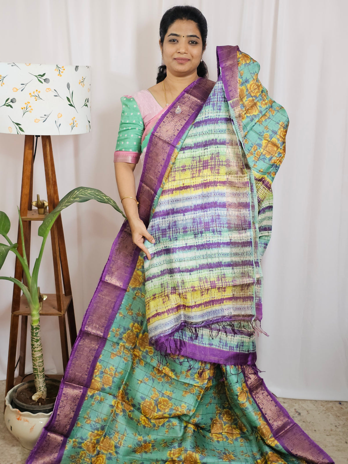 Pure Tussar Silk Checks Saree with Kanchi Border - Sea Green with Violet