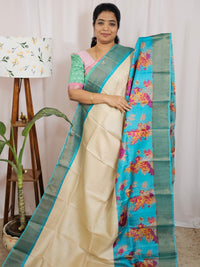 Pure Tussar Silk Saree with Zari Border - Cream with Blue