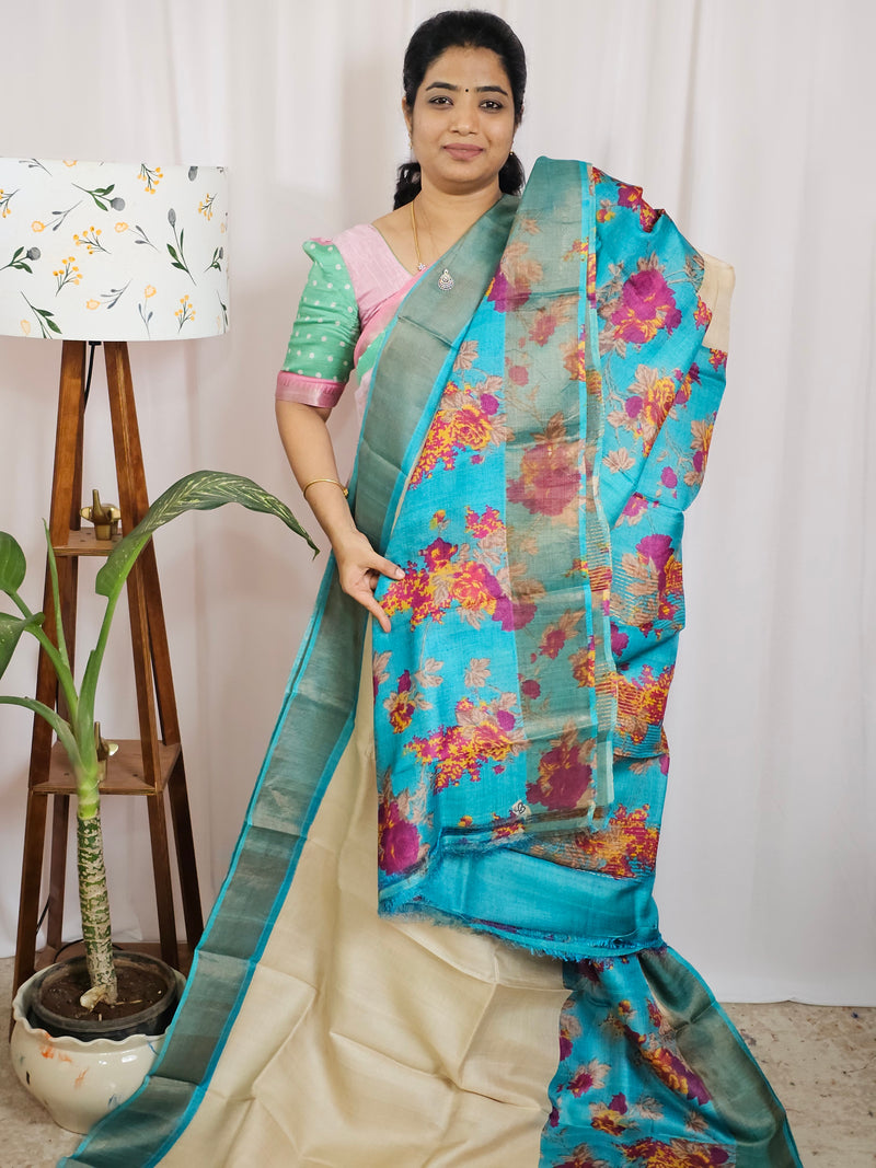 Pure Tussar Silk Saree with Zari Border - Cream with Blue