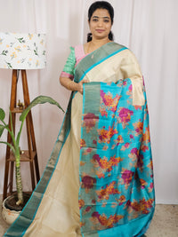 Pure Tussar Silk Saree with Zari Border - Cream with Blue