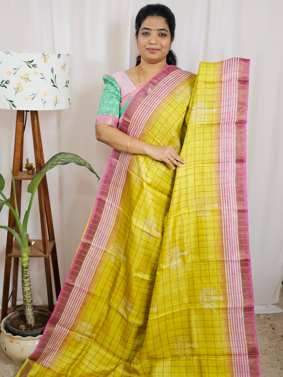 Pure Tussar Checks - Yellow with Pink