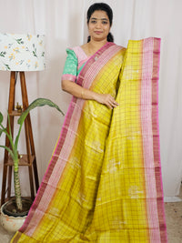 Pure Tussar Checks - Yellow with Pink