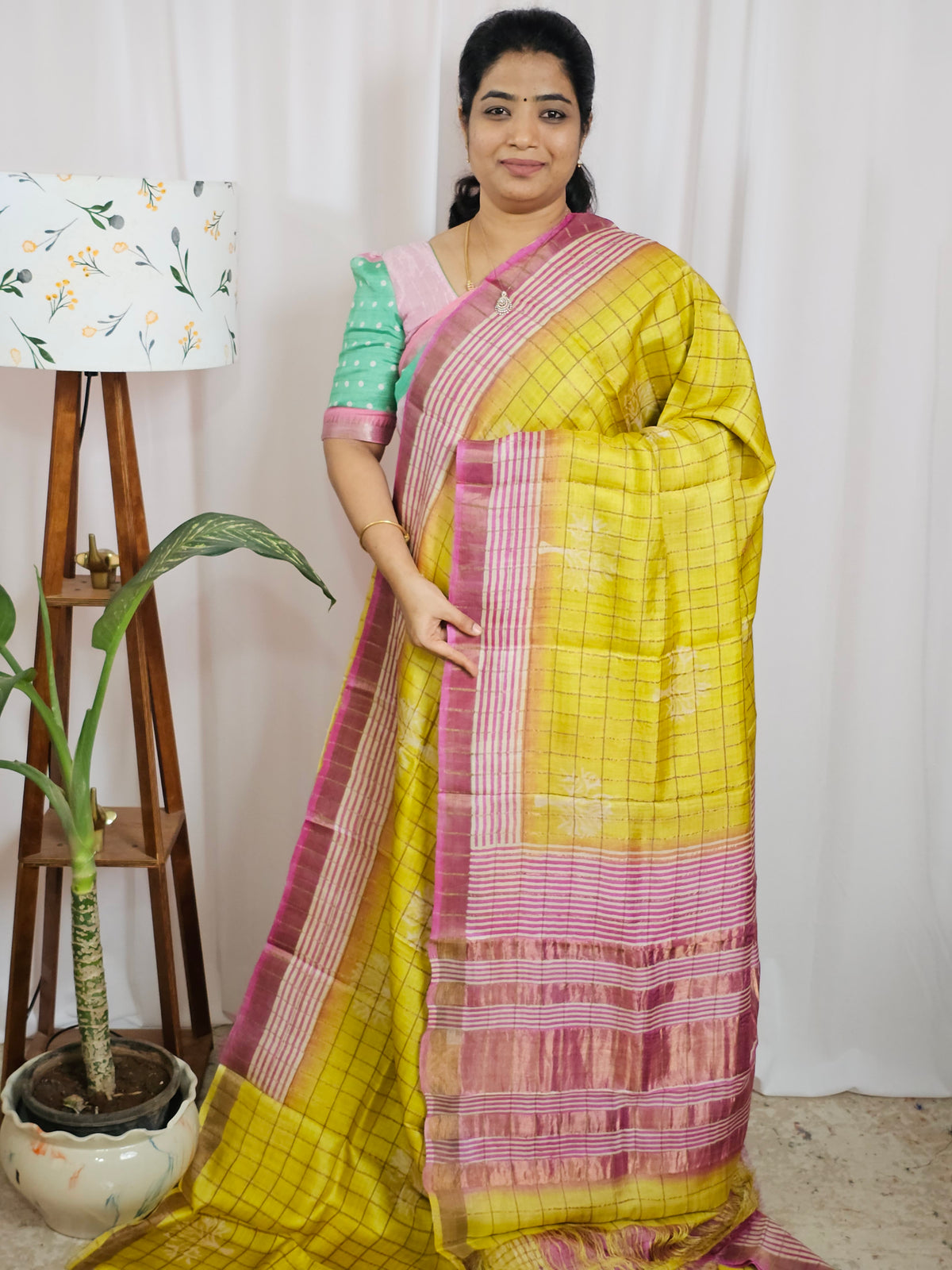Pure Tussar Checks - Yellow with Pink