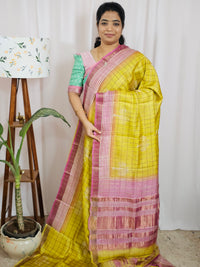 Pure Tussar Checks - Yellow with Pink