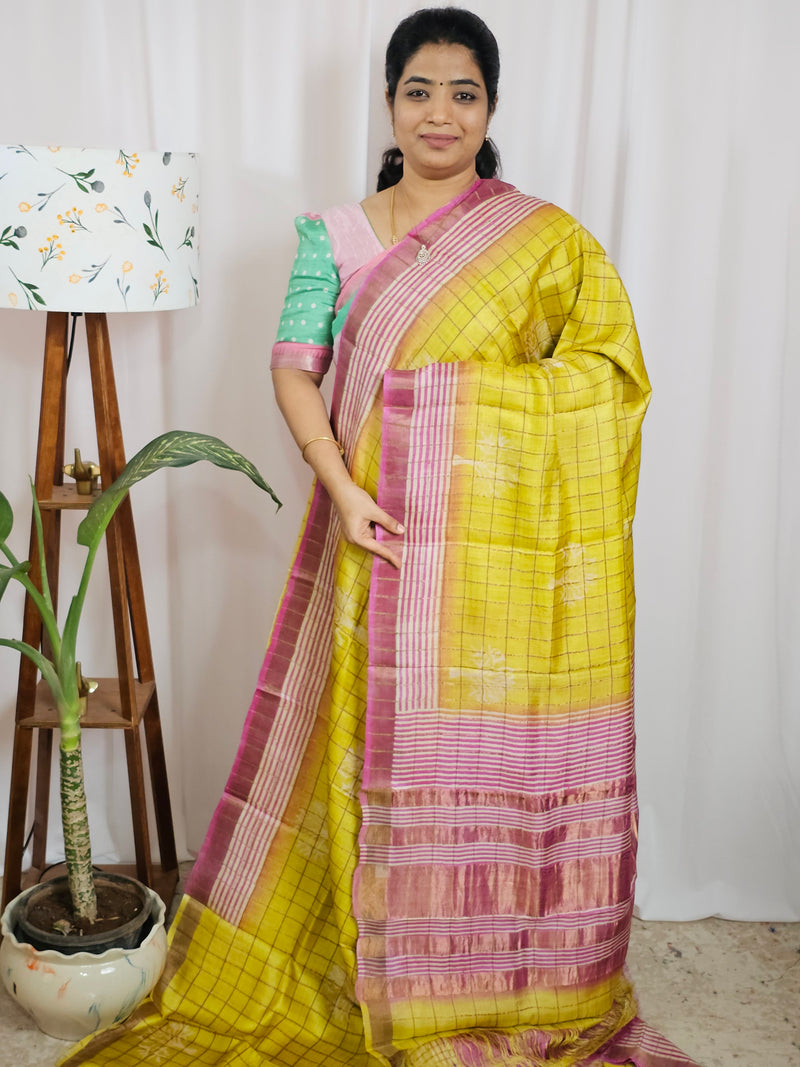Pure Tussar Checks - Yellow with Pink