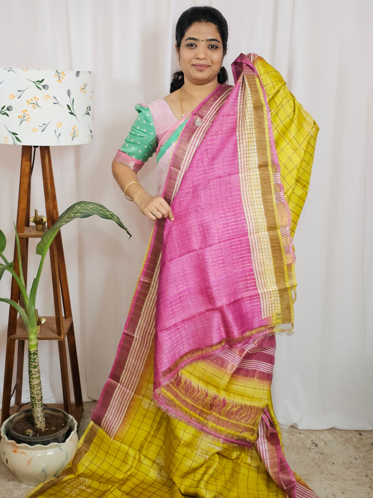 Pure Tussar Checks - Yellow with Pink