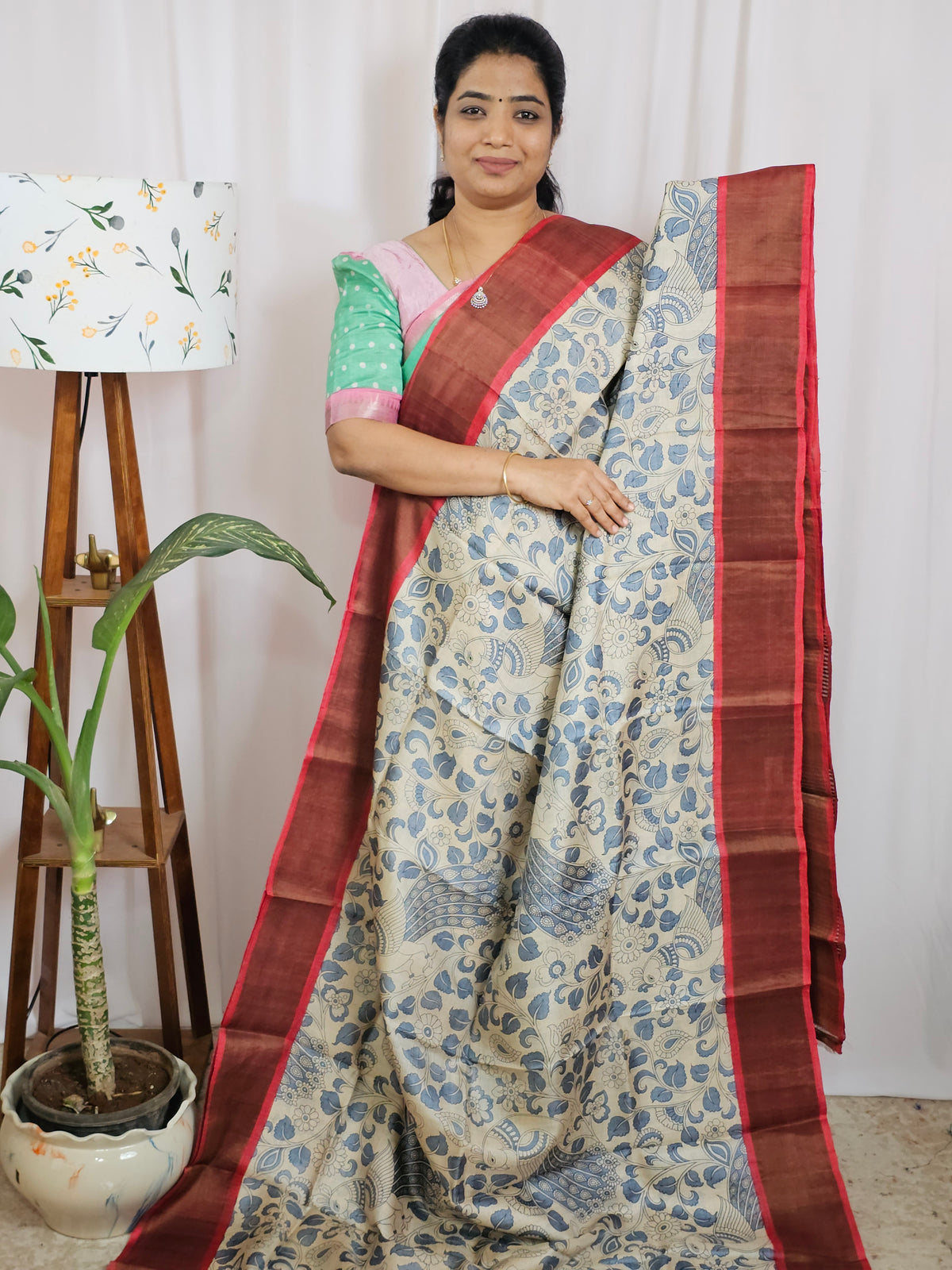 Pure Tussar Silk Saree with Zari Border - Cream Grey with Red