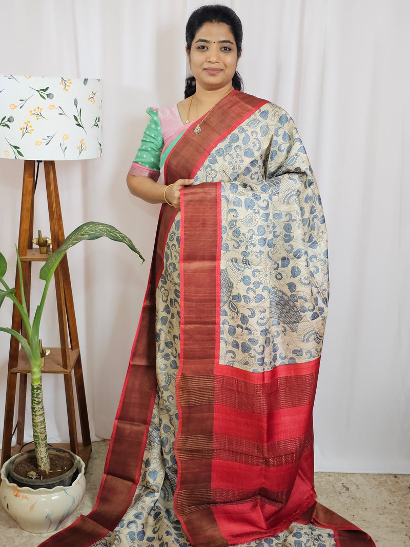 Pure Tussar Silk Saree with Zari Border - Cream Grey with Red
