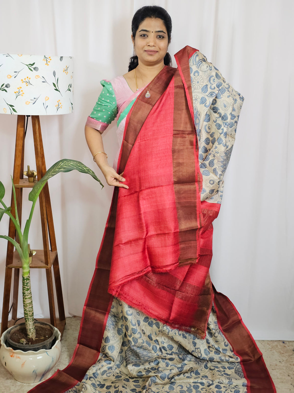 Pure Tussar Silk Saree with Zari Border - Cream Grey with Red