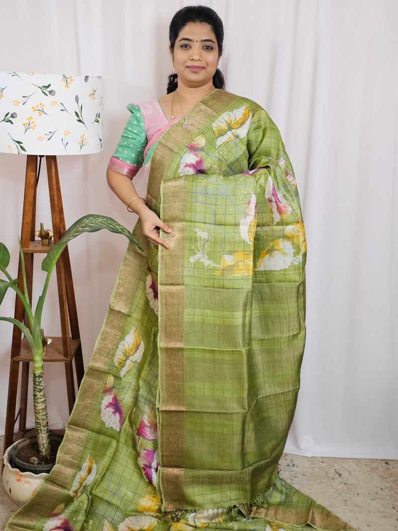 Pure Tussar Silk Checks Saree with Kanchi Border - Green