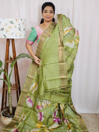 Pure Tussar Silk Checks Saree with Kanchi Border - Green