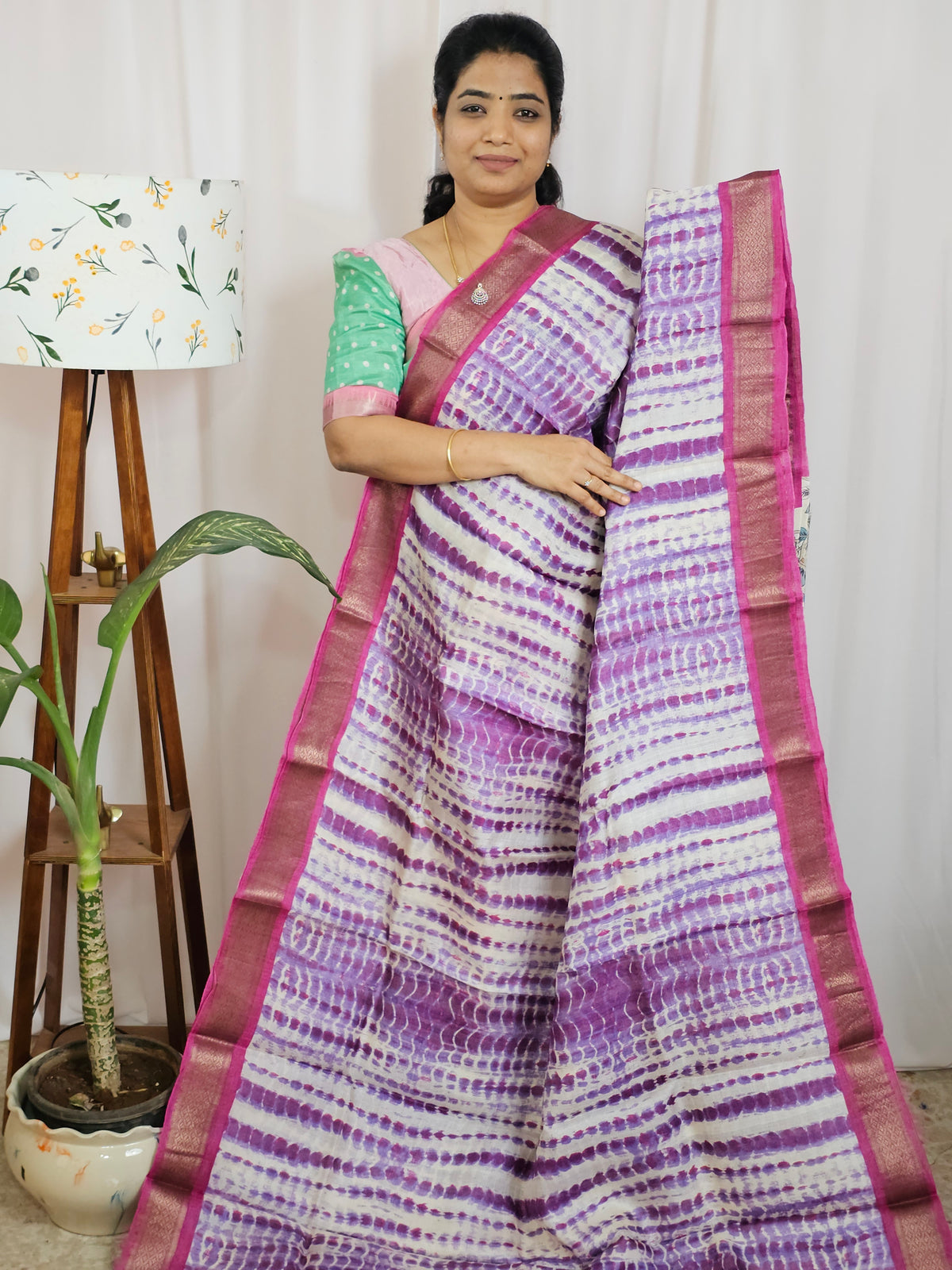 Pure Tussar Silk Saree with Kanchi Border - Violet with Magenta Pink